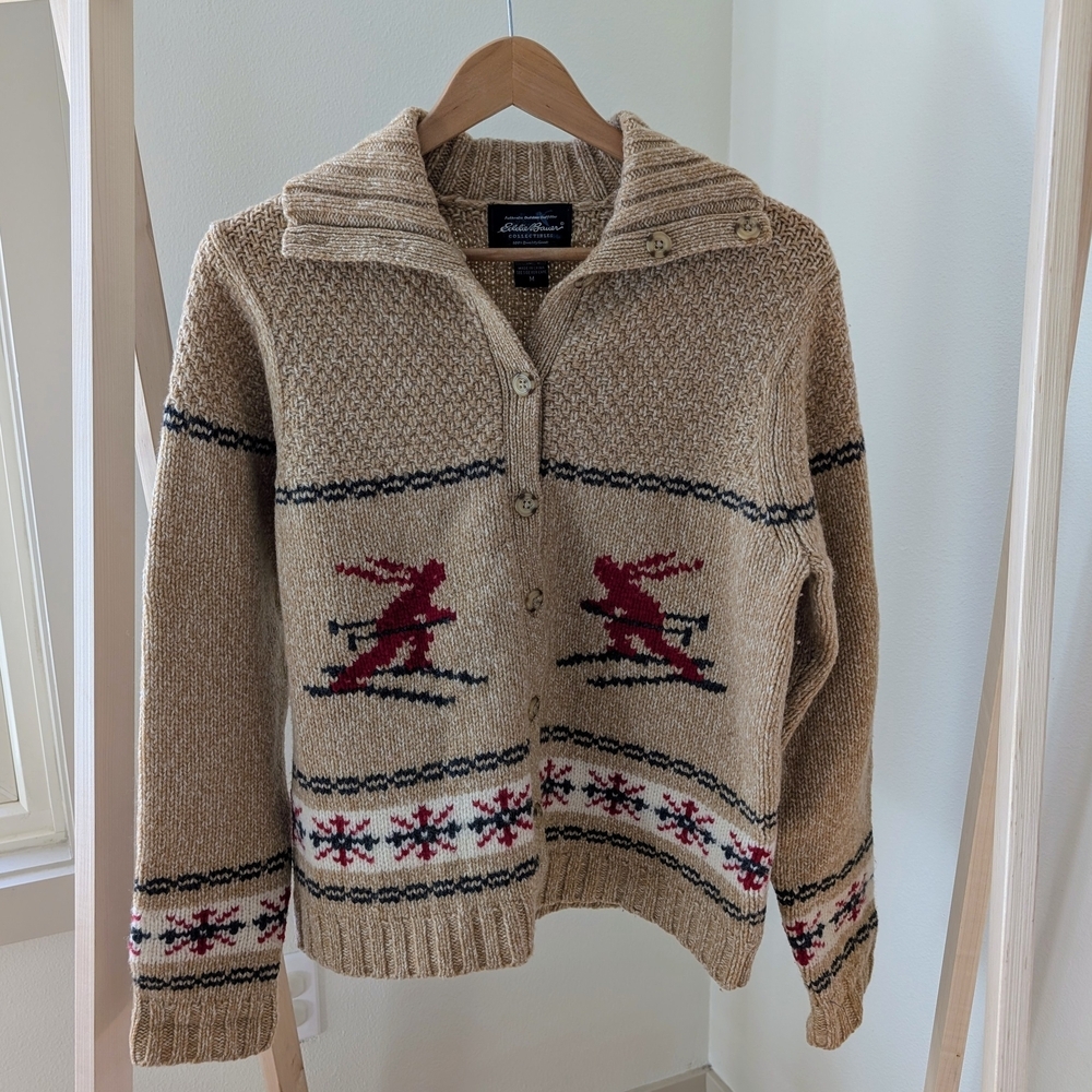 Vintage Eddie Bauer Ski Patterned Button Front Collared Wool Cardigan Sweater - Picture 3 of 7